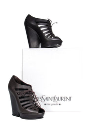 Current Boutique-Yves Saint Laurent - Brown Leather Hortense 105 Lace-Up Wedges Sz 7.5
