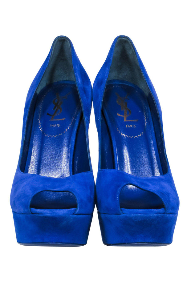 Current Boutique-Yves Saint Laurent - Cobalt Blue Suede Peep Toe Platform Pumps Sz 8.5
