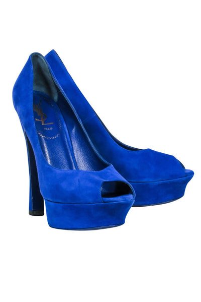 Current Boutique-Yves Saint Laurent - Cobalt Blue Suede Peep Toe Platform Pumps Sz 8.5