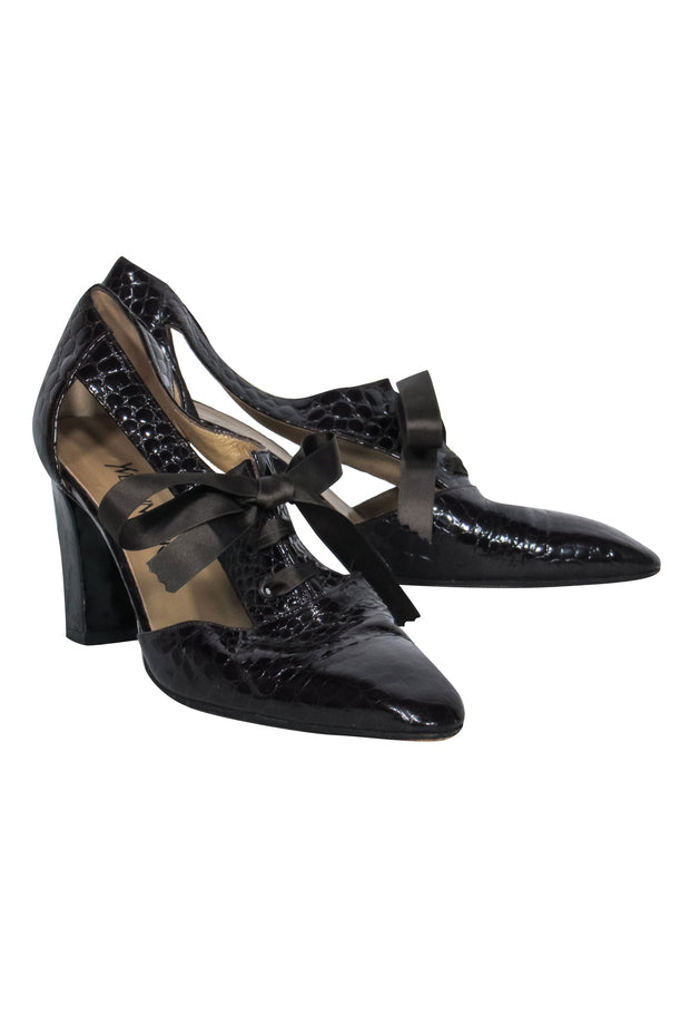 Current Boutique-Yves Saint Laurent - Dark Brown Patent Leather Embossed Cutout Heels Sz 8