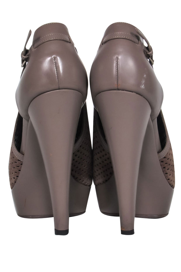 Current Boutique-Yves Saint Laurent - Dark Taupe Suede & Leather Mesh Platform Heels Sz 9