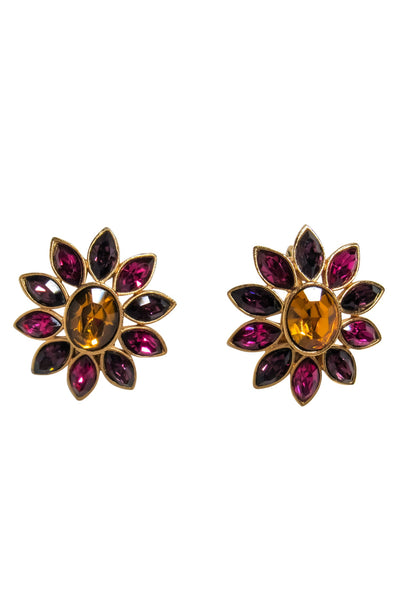 Current Boutique-Yves Saint Laurent - Gold, Pink & Purple Jeweled Flower Clip-On Earrings