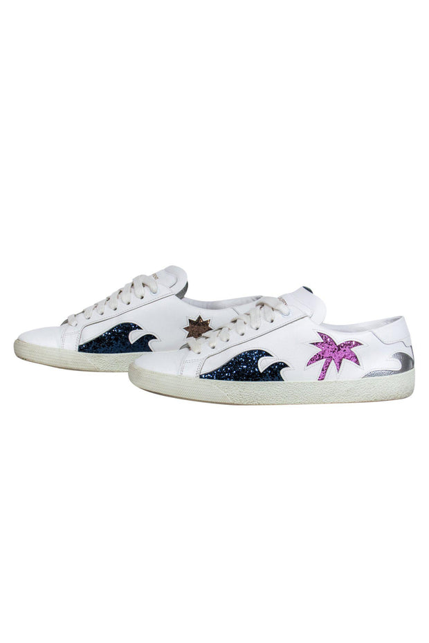 Current Boutique-Yves Saint Laurent - White Low Top Sneakers w/ Glitter Patchwork Sz 8