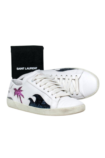 Current Boutique-Yves Saint Laurent - White Low Top Sneakers w/ Glitter Patchwork Sz 8
