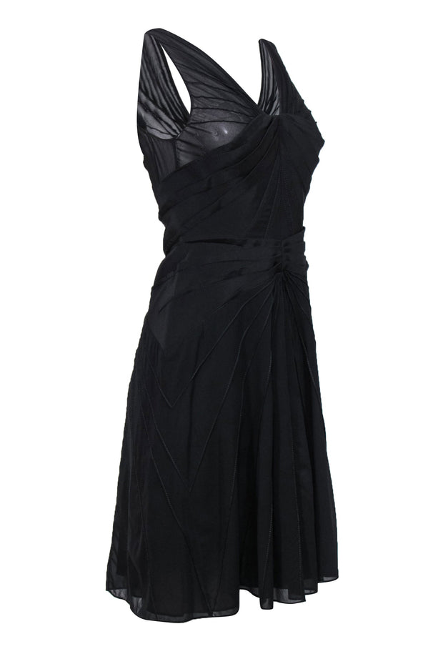 Current Boutique-Zac Posen - Black Silk Plunge A-Line Pleated Cocktail Dress Sz 10