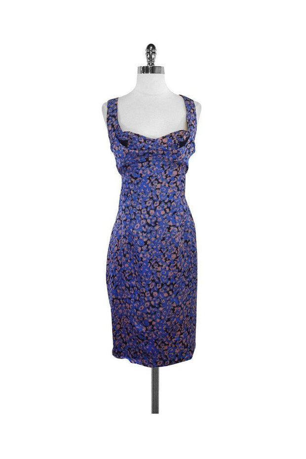 Current Boutique-Zac Posen - Blue & Mauve Print Silk Sleeveless Dress Sz 2