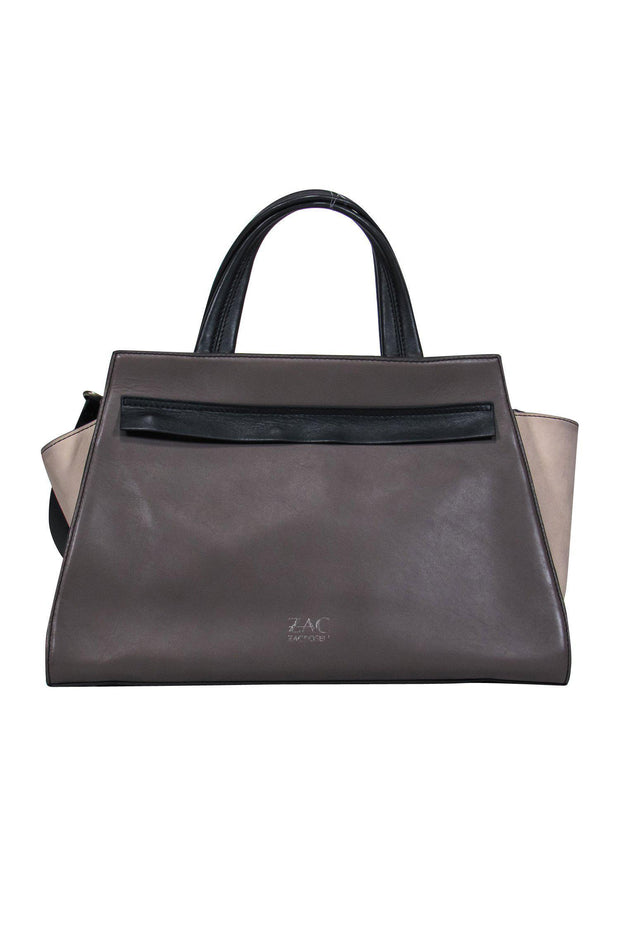Current Boutique-Zac Posen - Taupe & Black Colorblocked Leather "Eartha" Satchel w/ Suede Paneling