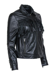 Current Boutique-Zadig & Voltaire - Black Fringe Zip-Up Leather Jacket Sz S