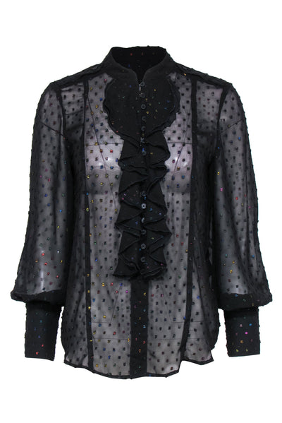 Current Boutique-Zadig & Voltaire - Black & Rainbow Metallic Polka Dot Embossed Ruffled Blouse Sz S