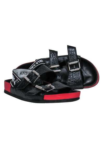 Current Boutique-Zadig & Voltaire - Black & Red Reptile Embossed Leather Slide Sandals Sz 6