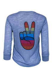 Current Boutique-Zadig & Voltaire - Blue Henley Top w/ Rainbow Hand Peace Sign Graphic Sz M