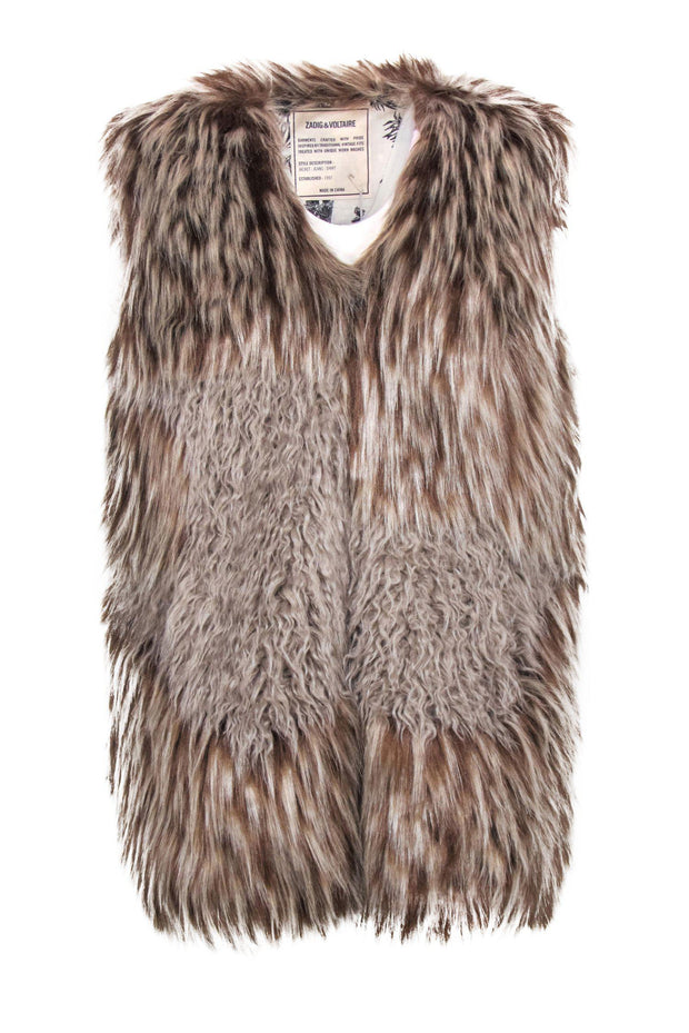 Current Boutique-Zadig & Voltaire - Brown & Beige Faux Fur Open Vest w/ Jungle Print Lining Sz S