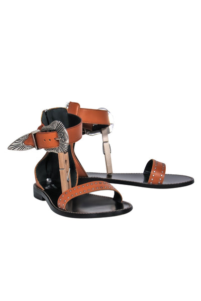 Current Boutique-Zadig & Voltaire - Brown Leather Studded Sandals w/ Oversized Buckles Sz 8