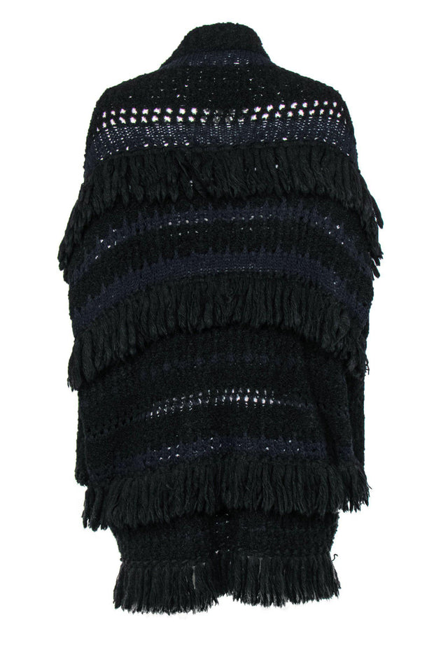 Current Boutique-Zadig & Voltaire - Navy & Black Striped Crochet Longline Fringe Open Cardigan Sz XS