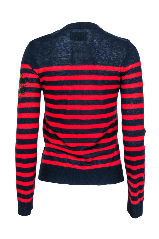 Current Boutique-Zadig & Voltaire - Navy & Red Striped Cashmere Sweater w/ Bedazzled Skeleton Sz XS