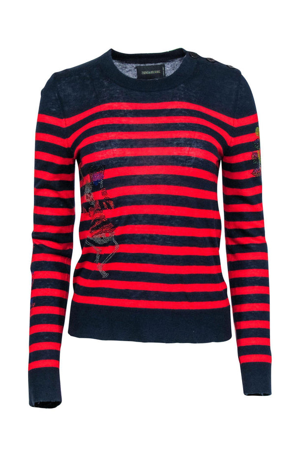 Current Boutique-Zadig & Voltaire - Navy & Red Striped Cashmere Sweater w/ Bedazzled Skeleton Sz XS