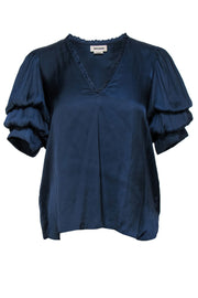 Current Boutique-Zadig & Voltaire - Navy Satin Tiered Puff Sleeve Blouse Sz XS