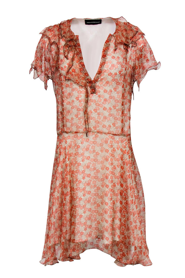 Current Boutique-Zadig & Voltaire - Orange & Cream Floral Print Silk A-Lined Dress w/ Ruffles Sz L