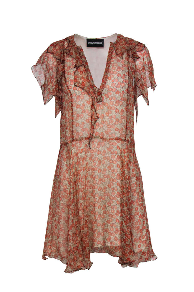Current Boutique-Zadig & Voltaire - Orange & Cream Sheer Overlay Silk Dress Sz XS