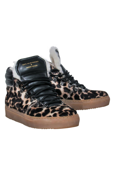 Current Boutique-Zespa - Beige & Black Leopard Print Calf Hair & Leather Lace-Up "Avatar" High Top Sneakers w/ Shearling Trim Sz 7.5