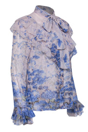 Current Boutique-Zimmermann - Light Lilac & Blue Floral Print Ruffled Button-Up Blouse w/ Necktie Sz 2