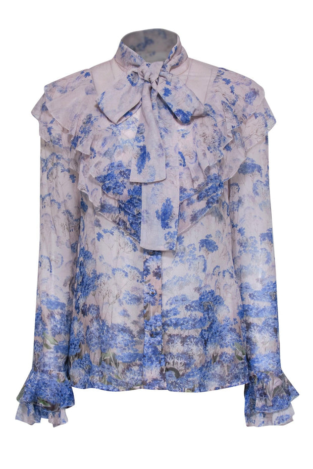 Current Boutique-Zimmermann - Light Lilac & Blue Floral Print Ruffled Button-Up Blouse w/ Necktie Sz 2