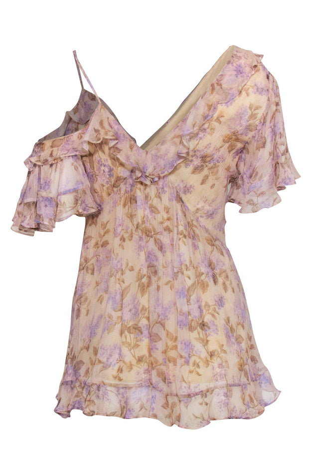Current Boutique-Zimmermann - Tan & Purple Floral Asymmetric Sleeved Blouse Sz 0