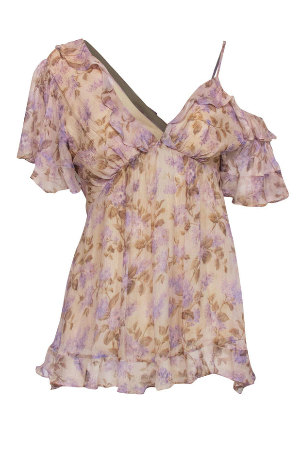 Current Boutique-Zimmermann - Tan & Purple Floral Asymmetric Sleeved Blouse Sz 0