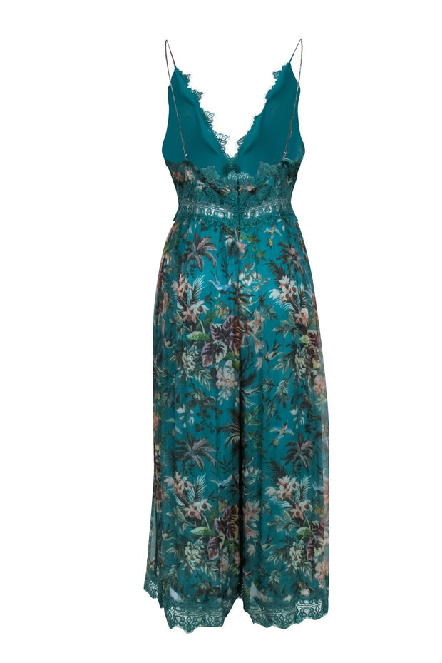Current Boutique-Zimmermann - Teal Floral Print Silk Cami Style Jumpsuit w/ Wide Leg Sz 2