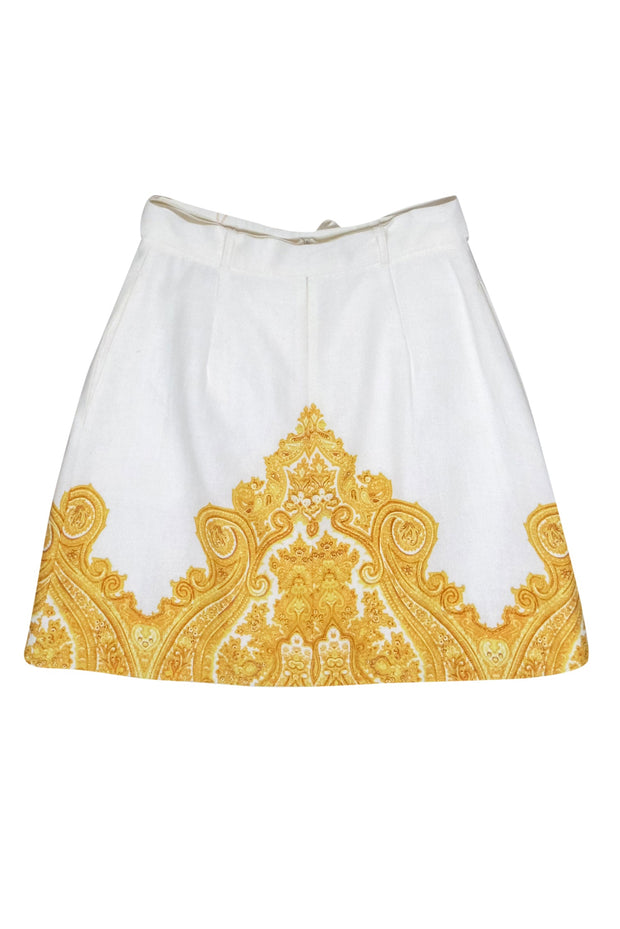 Current Boutique-Zimmermann - White Single Pleated Miniskirt w/ Gold Print Sz 0
