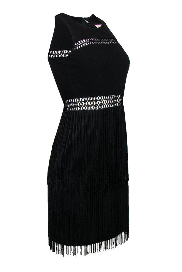 Aidan Mattox Crepe Croched Fringe Dress, Black