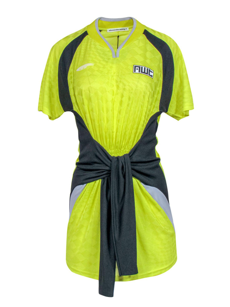 Alexander Wang Chartreuse Black Short Sleeve Waist Tie Dress