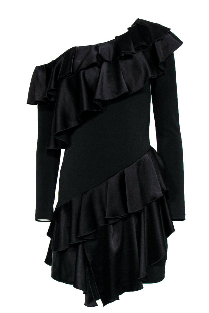 open lace back dress Never Worn Marchesa BLACK ONE SHOULDER CREPE GOWN main image 0
