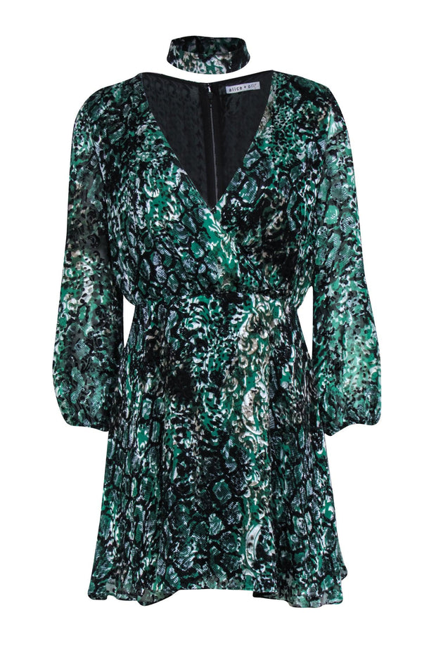 Alice & Olivia - Green & Black Snake Print Dress w/ Matching Choker Sz Alice & Olivia - Green & Black Snake Print Dress w/ Matching Choker Sz