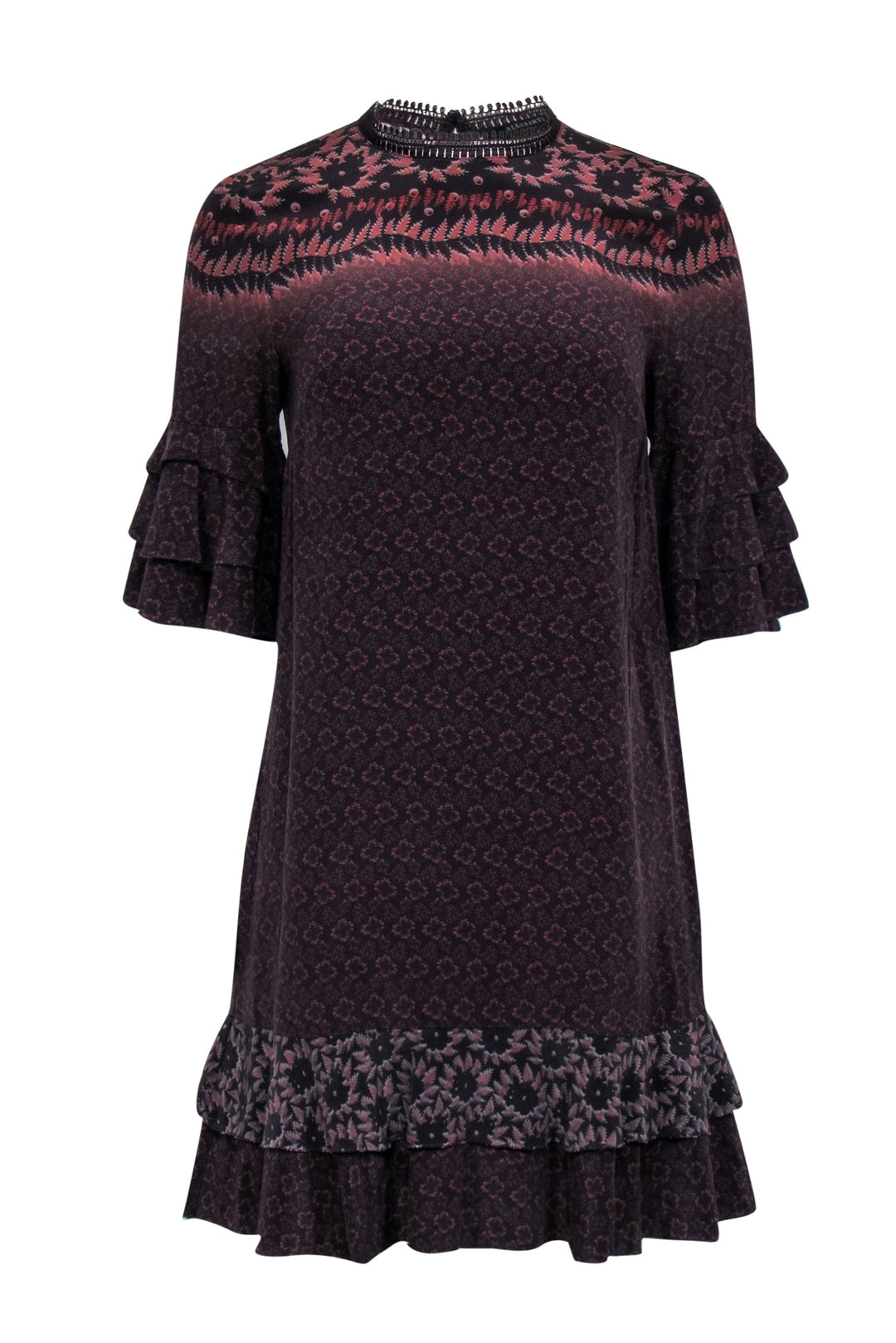 blue dress for baby girl All Saints - Black, Brown, & Rust Print Ruffle Sleeve & Hem Dress Sz S