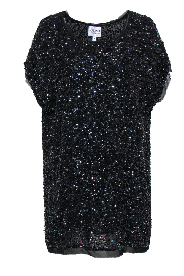 Armani Collezioni - Black Sequin & Beaded Short Sleeve Shift Dress Sz 4 | Current Boutique Armani Collezioni - Black Sequin & Beaded Short Sleeve Shift Dress Sz 4 | Current Boutique