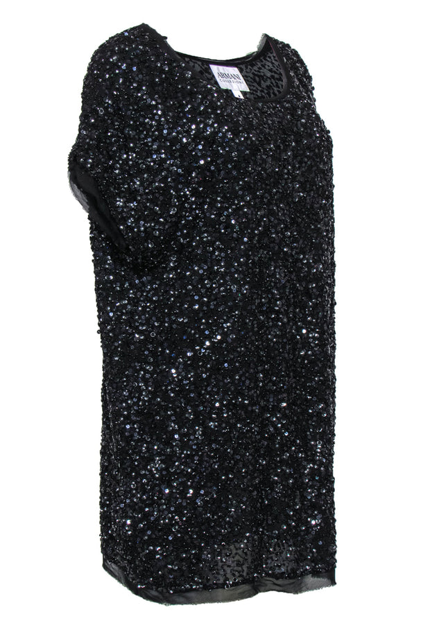 Armani Collezioni - Black Sequin & Beaded Short Sleeve Shift Dress Sz 4 | Current Boutique Armani Collezioni - Black Sequin & Beaded Short Sleeve Shift Dress Sz 4 | Current Boutique