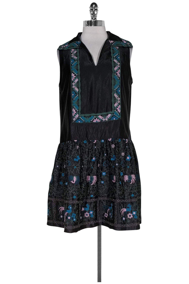 Anna Sui - Black Embroidered Drop Waist Dress Sz 6 Anna Sui - Black Embroidered Drop Waist Dress Sz 6