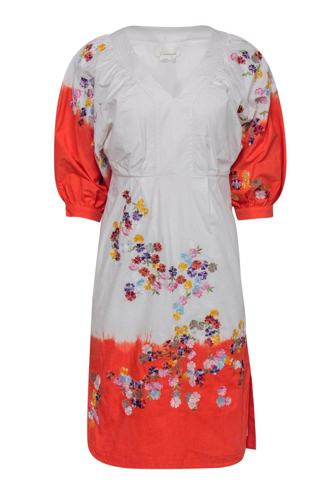Anthropologie - White & Orange Tie-Dye Floral Embroidered Puff Sleeve Dress  Sz 2P