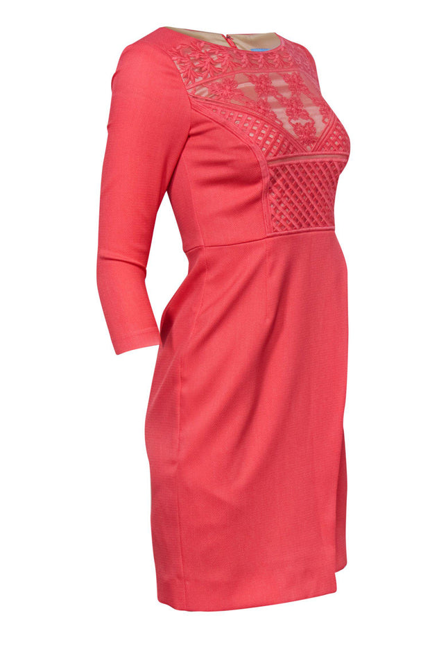 antonio melani red lace dress Gorgeous Antonio Melani Bright Red 3D Lace Dress 3/4 Sleeve Floral Leaf Motifs
