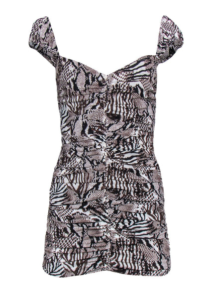 Wilfred by Aritzia - Brown & White Multi-Animal Print Ruched Bodycon D Wilfred by Aritzia - Brown & White Multi-Animal Print Ruched Bodycon D