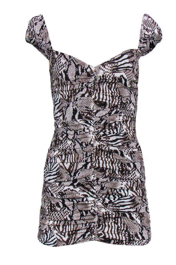 Wilfred by Aritzia - Brown & White Multi-Animal Print Ruched Bodycon D Wilfred by Aritzia - Brown & White Multi-Animal Print Ruched Bodycon D