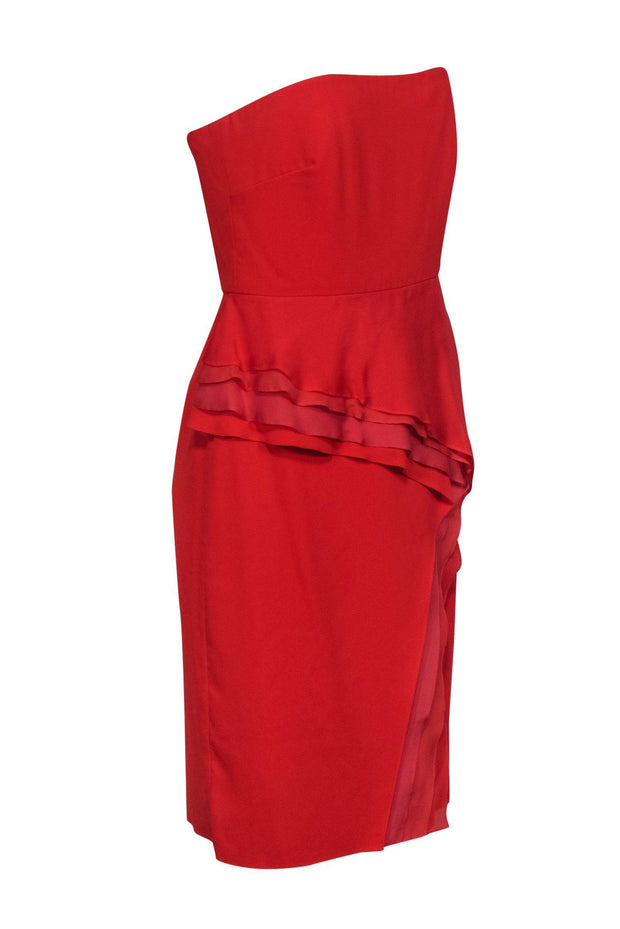 Badgley Mischka - Red Strapless Tiered Ruffle Cocktail Dress Sz 6 Badgley Mischka - Red Strapless Tiered Ruffle Cocktail Dress Sz 6