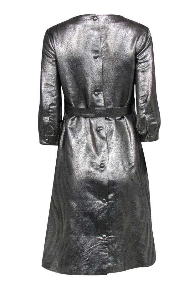 Barney's New York - Gold Metallic A-Line Dress w/ Belt Detail Sz 6 | Current Boutique Barney's New York - Gold Metallic A-Line Dress w/ Belt Detail Sz 6 | Current Boutique