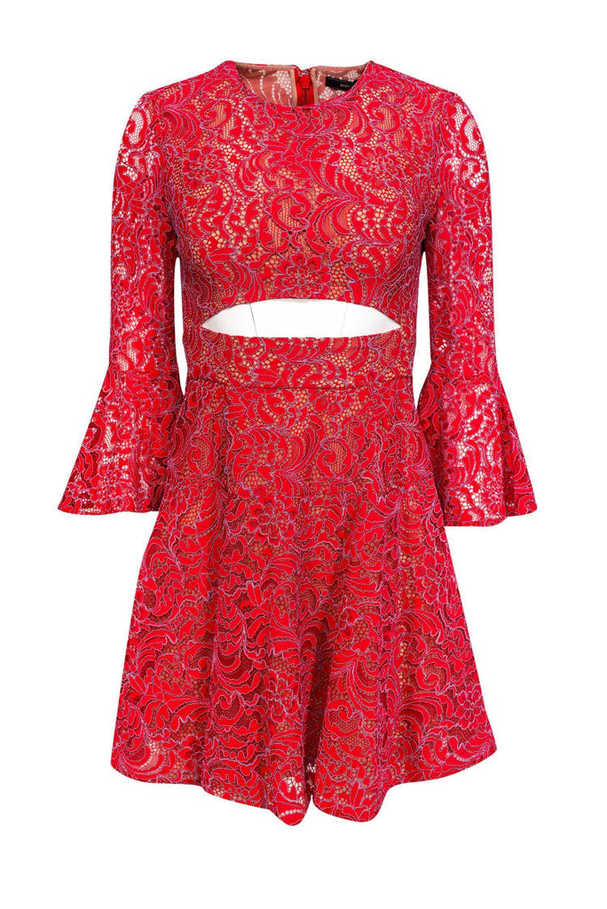 BCBG Max Azria Red Bell-Sleeve Lace Dress w/ Cutout Sz