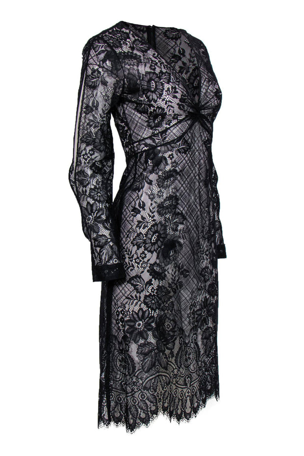 BCBG Max Azria - Black Sheer Lace Midi Dress w/ Knotted Waist Sz 2 BCBG Max Azria - Black Sheer Lace Midi Dress w/ Knotted Waist Sz 2