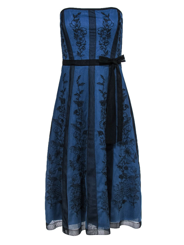 BCBG Max Azria - Blue Strapless Midi Dress w/ Tulle Overlay & Floral E BCBG Max Azria - Blue Strapless Midi Dress w/ Tulle Overlay & Floral E