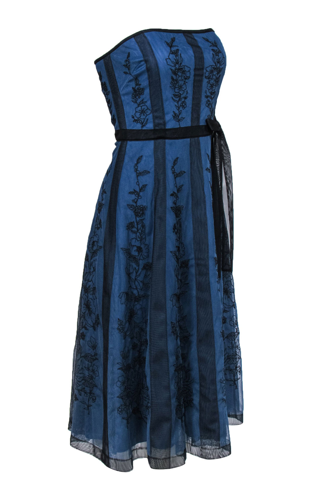BCBG Max Azria - Blue Strapless Midi Dress w/ Tulle Overlay & Floral E BCBG Max Azria - Blue Strapless Midi Dress w/ Tulle Overlay & Floral E