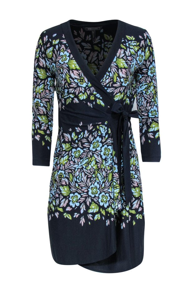 BCBG Max Azria - Navy & Multicolor Floral Print Long Sleeve Wrap Dress BCBG Max Azria - Navy & Multicolor Floral Print Long Sleeve Wrap Dress