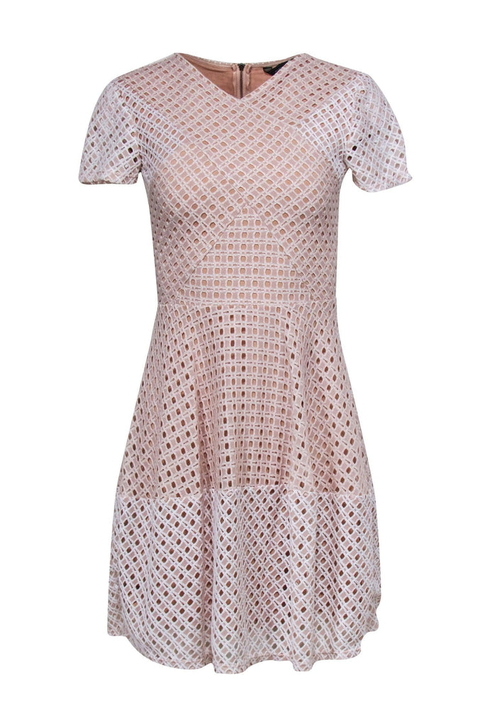 BCBG Max Azria - Nude & White Short Sleeve Lace Eyelet Mini Dress Sz X BCBG Max Azria - Nude & White Short Sleeve Lace Eyelet Mini Dress Sz X